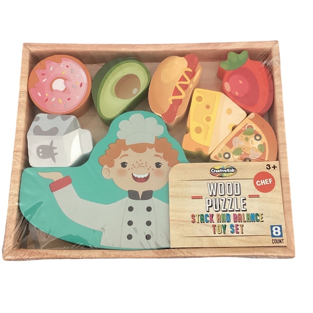 Creative Kids Wood Puzzle Stack and Balance Toy Set Chef Theme 8 Count Ages 3+